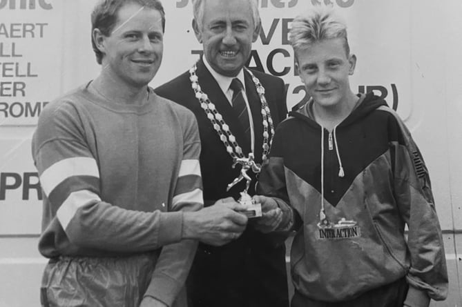 Winners from the Bovey Tracey Fun Run held on  June 11 1989. From left are Andrew Finch , Bovey Tracey mayor Cllr George Gribble and David Tomlin