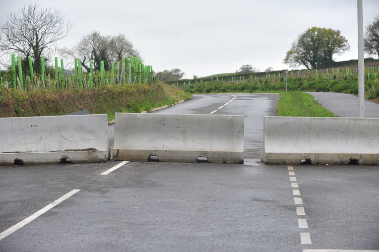 On the road to nowhere. The completed, but as yet unopened, Houghton Barton Link off the A382 near Newton Abbot