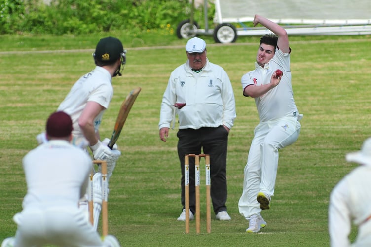 Devon Cricket League B Division. Ipplepen versus Teignmouth & Shaldon. Pen's bowler George Tapley