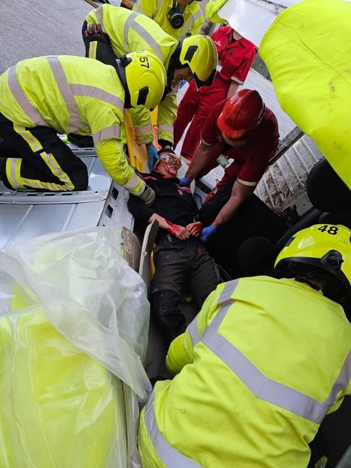 Firefighters practice extricating a patient trapped in a van
