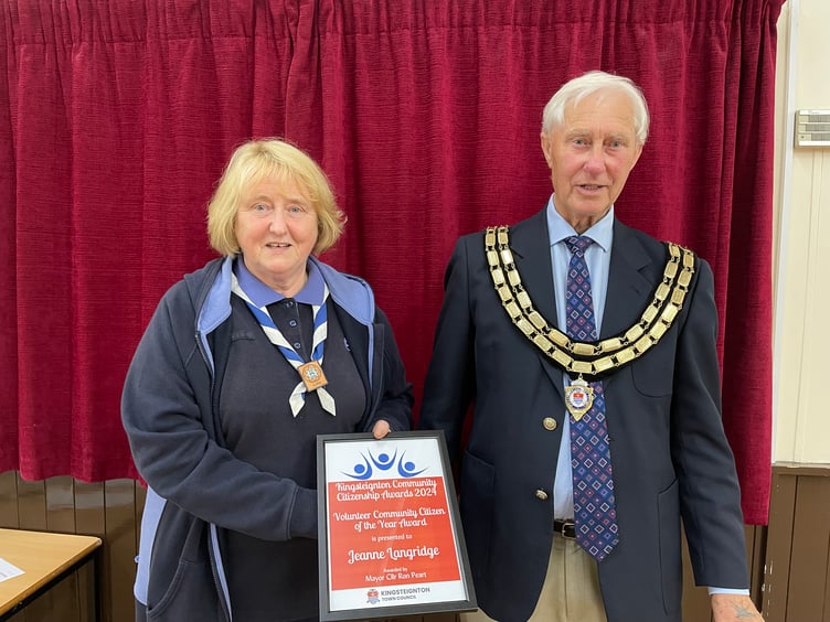 Jeanne Langridge is presented with her well-deserved Citizenship Award by Kingsteignton mayor Cllr Ron Peart