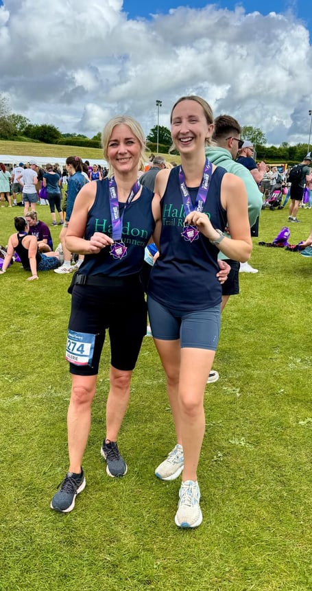 Haldon Trail Runners-  Val Blacklock (left) and Alice Stuckey after the Great West Run