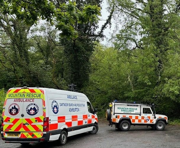 Dartmoor Search and Rescue volunteers at Becky Falls. 