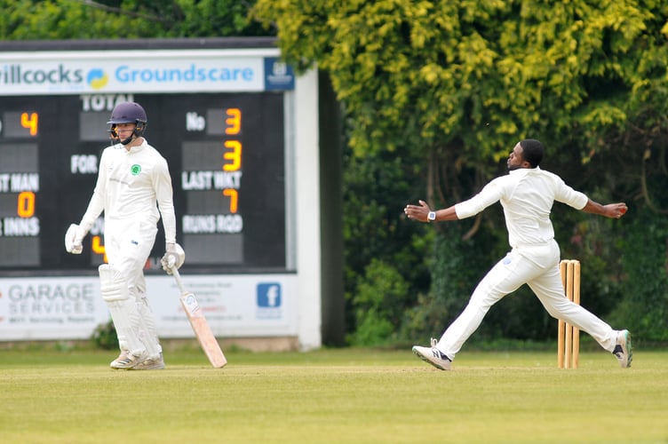 Devon Cricket League C Division West.    South Devon 1st XI  versus Ivybridge XI. Ivybridge batsman Zach Dunn and South Devon bowler Mali Marshall