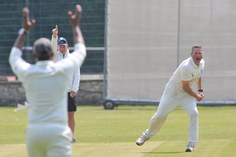 Devon Cricket League C Division West.    South Devon 1st XI  versus Ivybridge XI.South Devon's Jon Martin claims LBW for Abraham Kopparambil