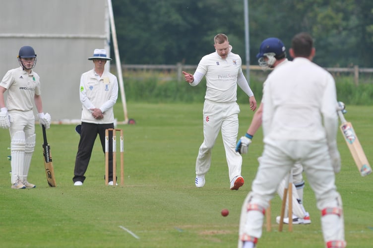 Devon Cricket League B Division.   Chudleigh versus Barton. Chudleigh's George House takes the wicket of Callum Crocker