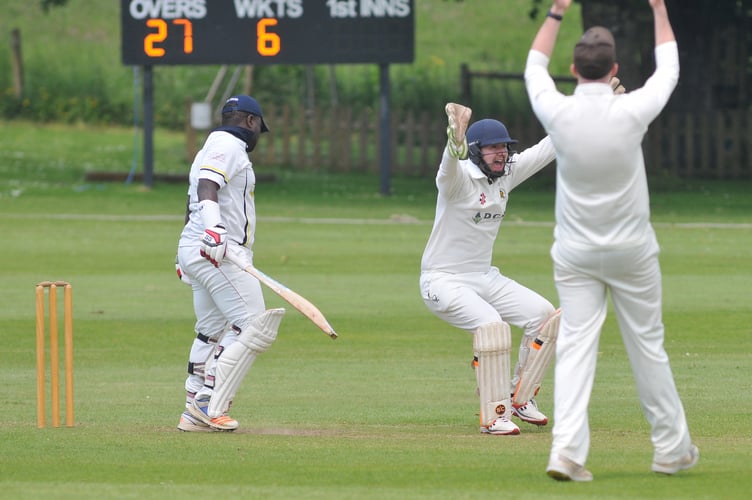 Devon Cricket League A Division.  Abbotskerswell versus Plymstock. Abbots' keeper Ed Smout Cooper appeals but Prince Masvaure is safe for now