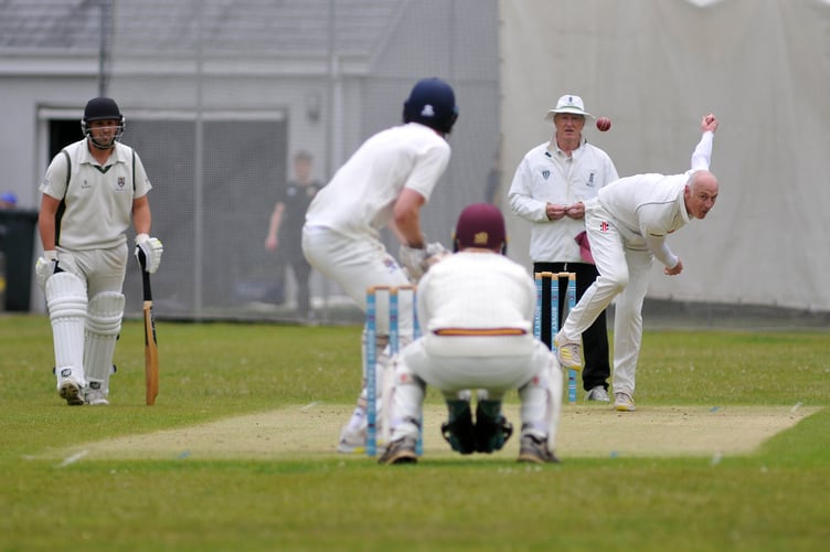 Devon Cricket League B Division. Bovey Tracey 2nd XI versus Ipplepen 1st XI. Ipplepen bowler Harry Lewis.   A 43 run win for Bovey who batted first reaching 184 for 5 off 41 overs. Ipplepen had a revised target of 186 to reach off 41 overs but were all out for 142 after 34 overs