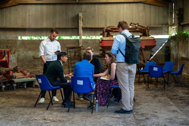 18/06/24 - Barnstaple, Devon. Prime Minister Rishi Sunak, Selaine Saxby, and David Cameron visit Chuggs Farm to hold a Q&A with farmers. Picture by Edward Massey / CCHQ