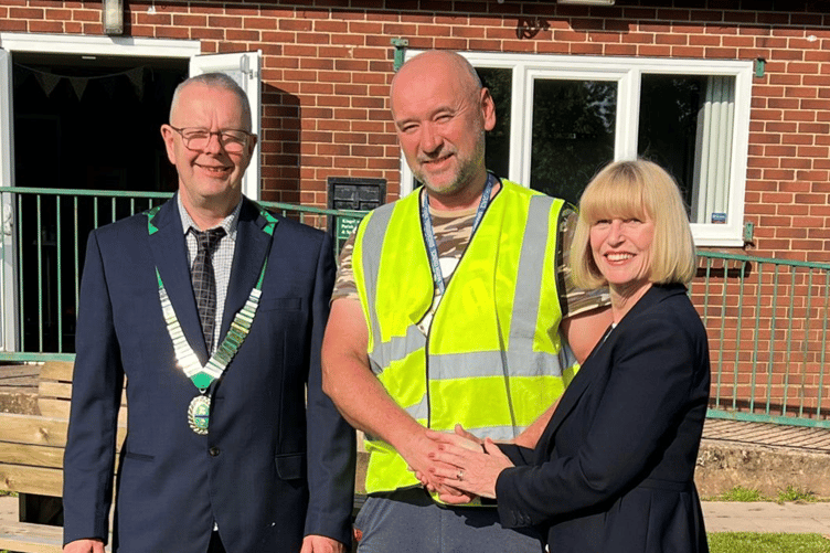 From left to right: Cllr John Radford, Kingskerswell Parish Council's new Facilities Maintenance Officer, Oleksandr Kazakov, and Cllr Jane Taylor
