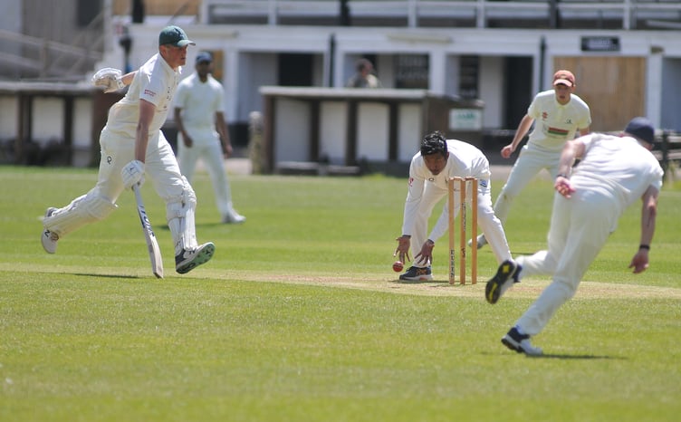 Devon Cricket League E Division West. Torquay and Kingskerswell 2nd XI versus Chagford. Chagford skipper Griffiths beats the ball to the crease