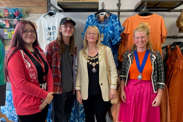 Seasalt staff chat to Teignmouth major Cate Williams and deputy mayor Chloe Myers