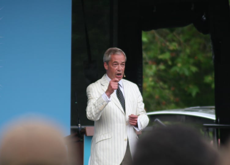 Nigel Farage speaking at Trago Mills, Newton Abbot, ahead of the July 4 general election