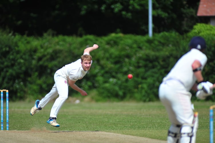 Devon Cricket League B Division Bovey Tracey 2nd XI versus Chudleigh 1st XI. A bad day out for Chudleigh who despite mananging to get Bovey all out for 139, found themselves decimated by the Bovey bowling and were all out for 52 after 20.5 overs. Bovey's Dan Green.