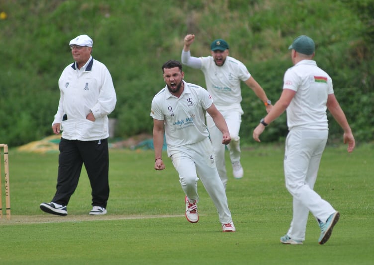 Devon Cricket League B Division.Teignmouth and Shaldon versus Barton. An elated Jawad Shirzad having claimed Barton's Tarisai Masakanda for lbw. The homeside went on to pull off a 62 run win over their visitors from Cricketfield Road