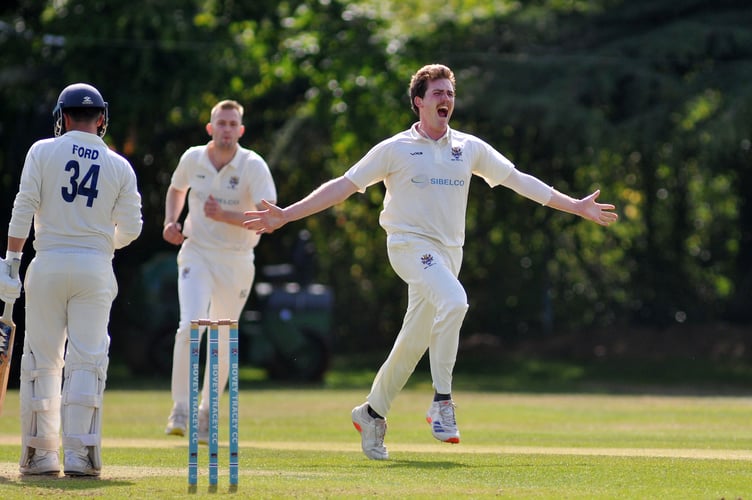 Devon Cricket League B  Division. Bovey Tracey 2nd XI versus Bideford/Littleham/Westward Ho! CC Saturday 1st XI. Bovey bowler Braydon Pink is delighted as Jack Ford is dismissed  - caught by Sam Russell.