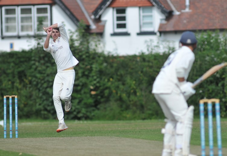 Devon Cricket League B Division. Bovey Tracey 2nd XI versus Bideford/Littleham/Westward Ho! CC Saturday 1st XI. Bovey bowler Jack Ansley lines up on Jack Ford