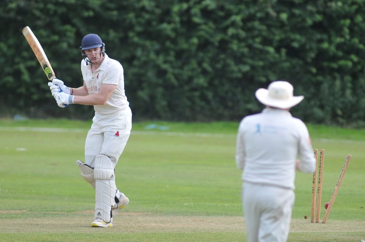 Devon Cricket League C  Division West. Ashburton 1st XI versus Paignton 2nd XI. Paignton's Sean Kirk loses his wicket to a ball from Ashburton's Charlie Towers