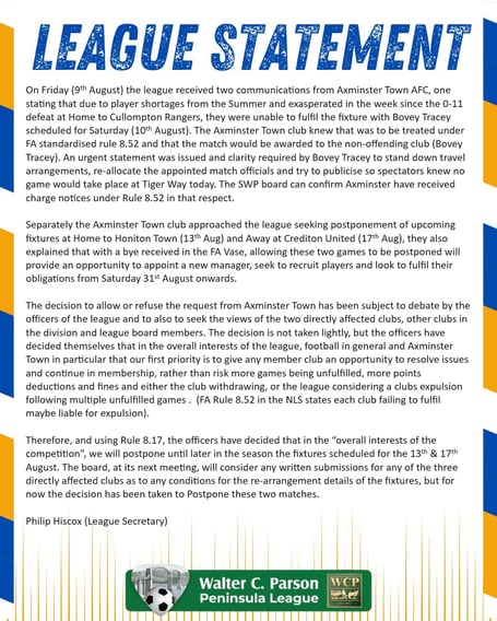 Peninsula League statement regarding Axminster Town AFC