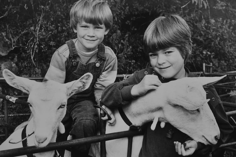 Who are you kidding? Toby and Miranda Gethins from Buckland -in-the-Moor with goats Hazel and Flora at Lustleigh Show in August 1988