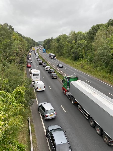 Traffic queueing on the A38 westbound near Drumbridges