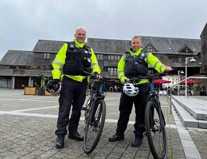 Two officers using e-Bikes. Photo Devon and Cornwall Police