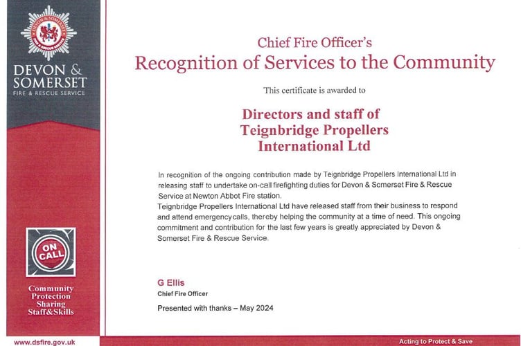 Devon and Somerset Fire and Rescue certificate of recognition awarded to Teignbridge Propellers