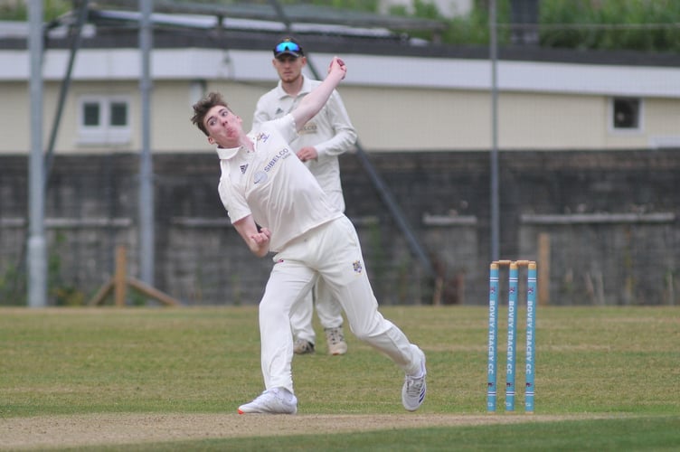 Devon Cricket League Premier  Division.  Bovey Tracey verus Paignton. Bovey's opening bowler Ben Kay