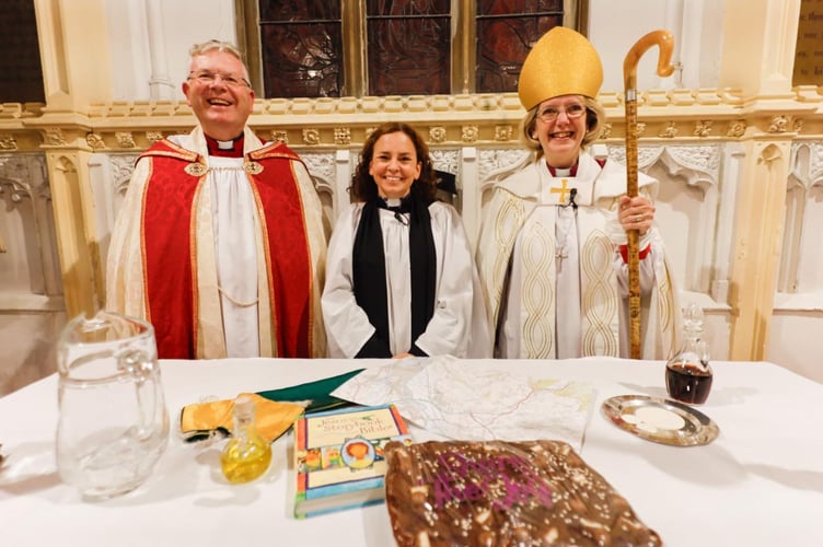 L-R Andrew Beane, Archdeacon of Exeter; Reverend Vanessa Pestridge, the new priest-in-charge of the Five Red Churches Mission Community; and the Right Reverend Jackie Searle, acting Bishop of Exeter