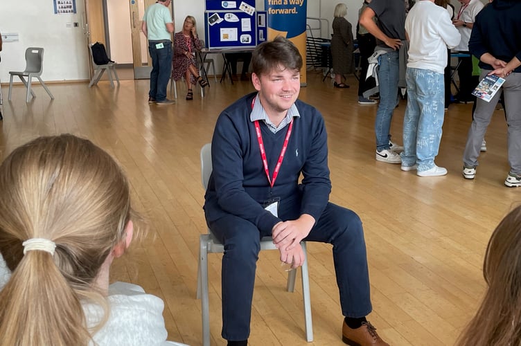 Newton Abbot Mayor Alex Hall discusses his role on the council with Sixth Form students at Coombeshead Academy