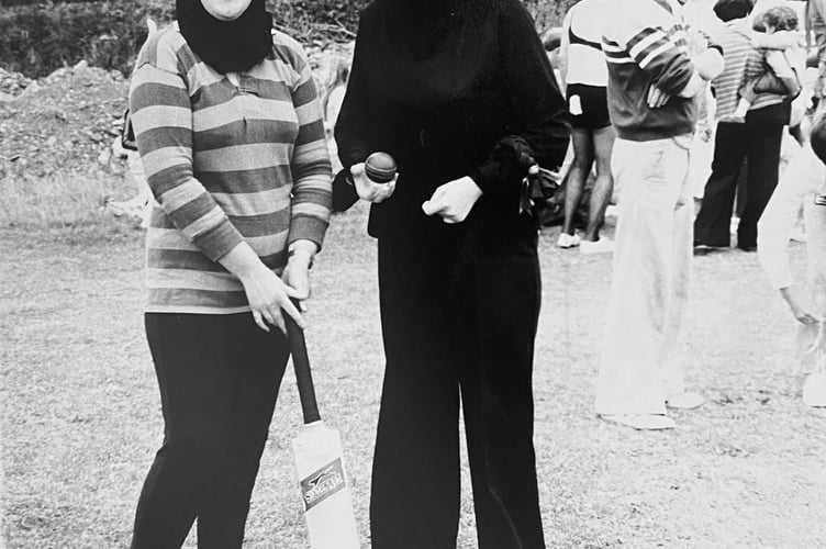 Charity fancy dress cricket match for the Kidney Appeal Fund that took place in Denbury on October 15 , 1978. Pictured here are the only two ladies who took part - Glenda Scholfield (The Demon Bowler of Denbury) and Newton Abbot's Joy Walton (The Terror of All Batsman)