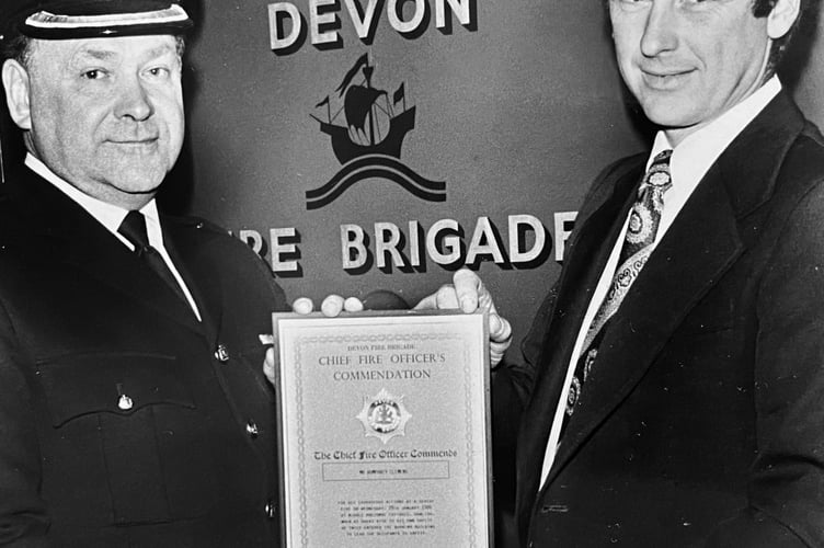 Humphrey Clemens receives a commendation from Devon Fire Brigade Divisional Officer in March 1986.The award was following Mr Clemens' courageous actions on January 28, 1986, when at risk to his own safety he twice entered burning buildings at Middle Holcombe Cottages to lead occupants to safety.
