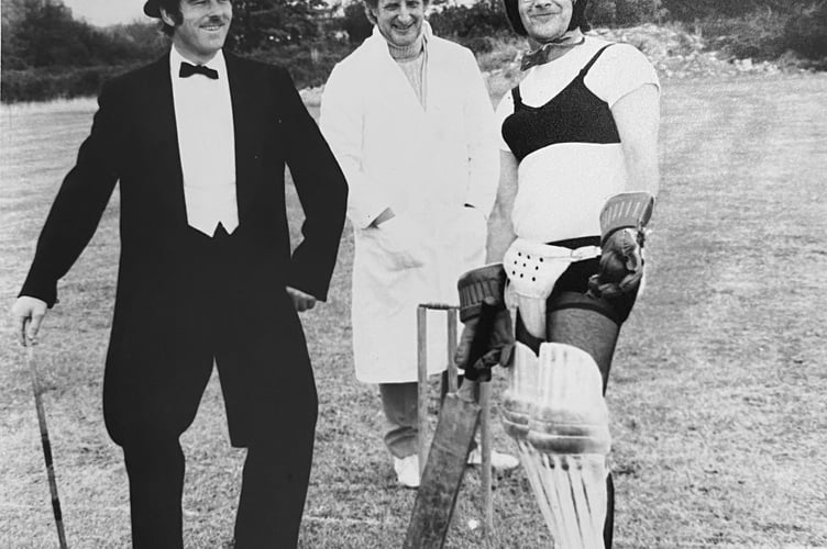 Charity fancy dress cricket match for the Kidney Appeal Fund that took place in Denbury on October 15 , 1978. Pictured here are Jim Coffey as Charlie Chaplin and Trevor Walton as a not-to convincing Bunny Girl.