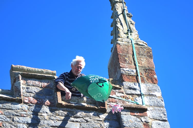 Teddy bear parachute in aid of Devon Historic Churches Trust at St Michael's Church, Kingsteignton