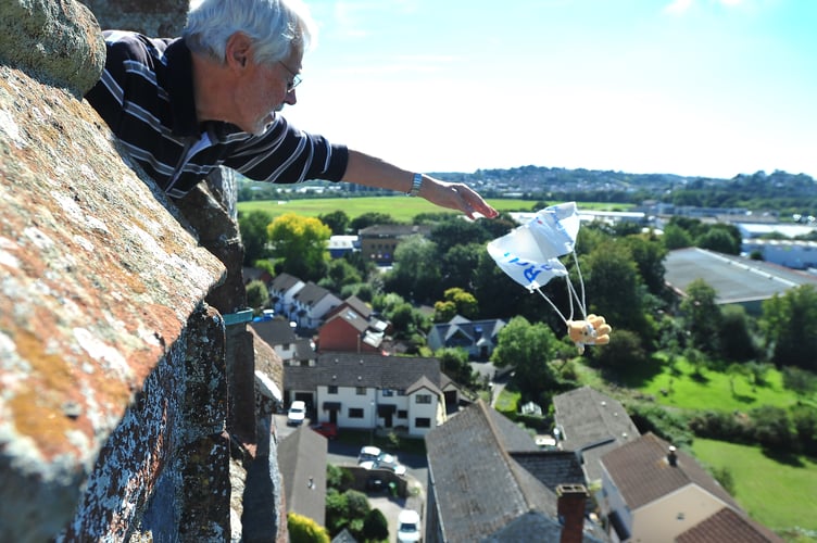Teddy bear parachute in aid of Devon Historic Churches Trust at St Michael's Church, Kingsteignton