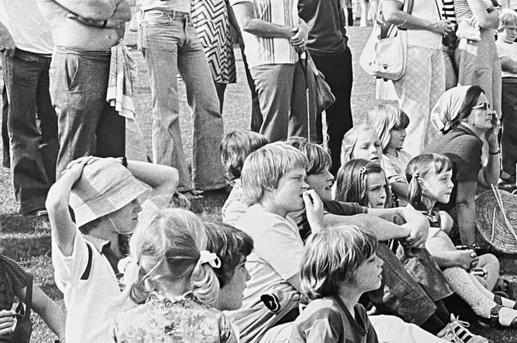 Crowds watching the fun at  Manaton Show in August 1977