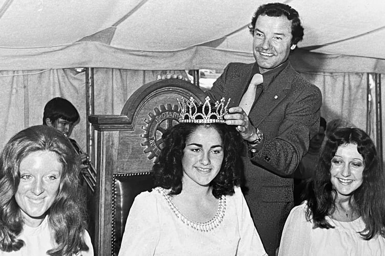 Teignmouth carnival queen crowing from July 1973. Roberto Cardinali places the crown on Dawn Holmes who is flanked by Jane Harvey and Judith Leggett