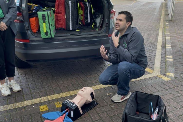 BASICS Devon operations manager Conor Calby explains to Newton Abbot Hospital League of Friends how their donated equipment will help volunteer medics save lives.