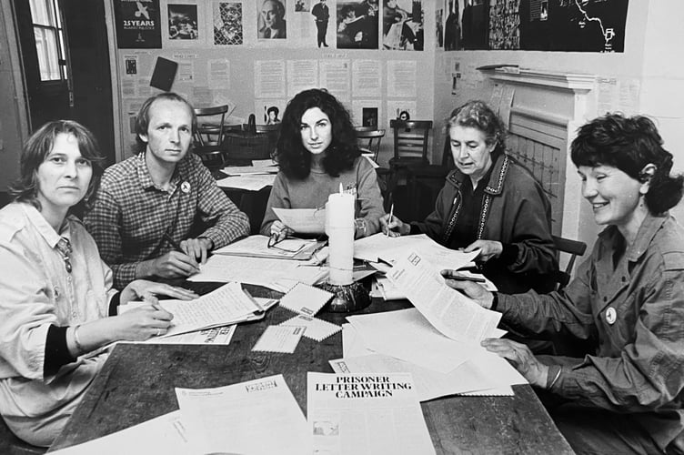 June 1986 South Devon Amnesty Group sponsored write in at Birdwood House in Totnes. From left: Sue Mace, Huw Lloyd, Jane Carne, Jean Cockrem and Di Cooper.