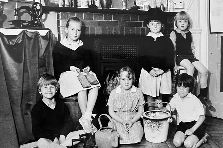 Victorian classroom at Decoy Primary School in Newton Abbot in June 1986. From left: James Cornwall, Abigail Weldon, Bethnay Elce, Emma Norrish, Paul Bowden and Simon Arden.