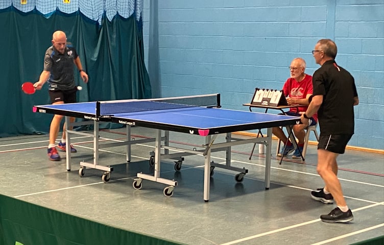 Kevin Nicholls from Newton Abbot Buzzards v Jim McIvor from Newton Abbot Owls in the table tennis first division fixture