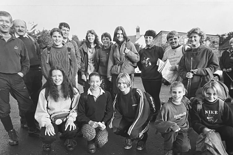 October 1995. Members of Highweek Youth Club at the start of the Abbots Way walk from Buckfast Abbey to Tavistock.