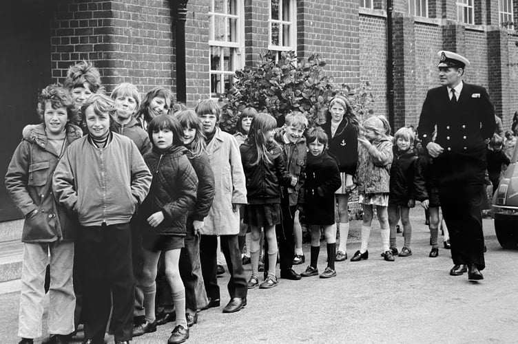 September 1972 and pupils from Landscove Church of England Primary School visit Britannia Royal Naval College
