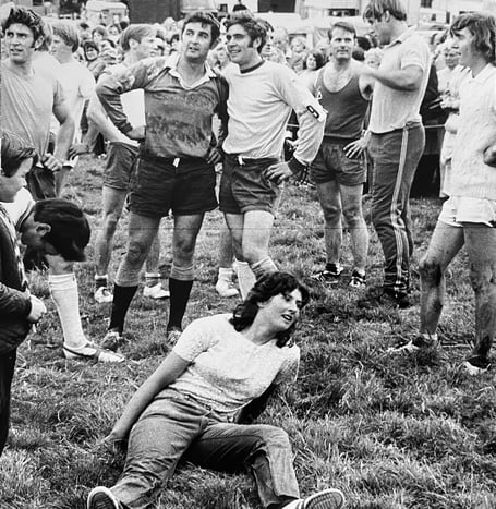 September 1972 and those who made it through the Widecombe Fair Uncle Tom Cobley downhill scramble race recover after their endeavours