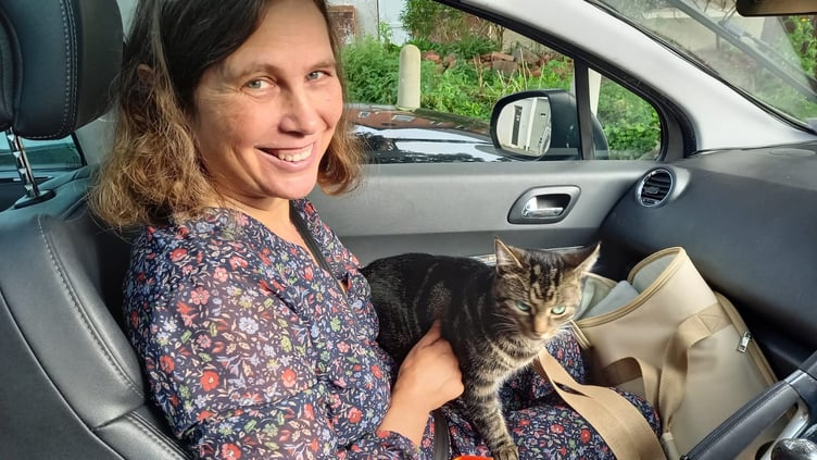 Liz Pole after being reunited with Jeffery the cat abducted from Exeter and dumped in Newton Abbot