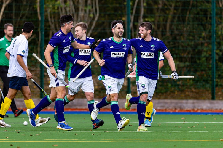 Rich Ashworth (left) celebrates Ashmoor's opening goal with his teammates4