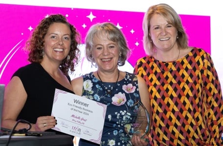 Devon Women in Business Awards 2024. Winner of the Eco-Friendly Business Award Michelle Grist from Wray Valley Ltd with Natalie Hyson (L) and Louise Jenner (R)
