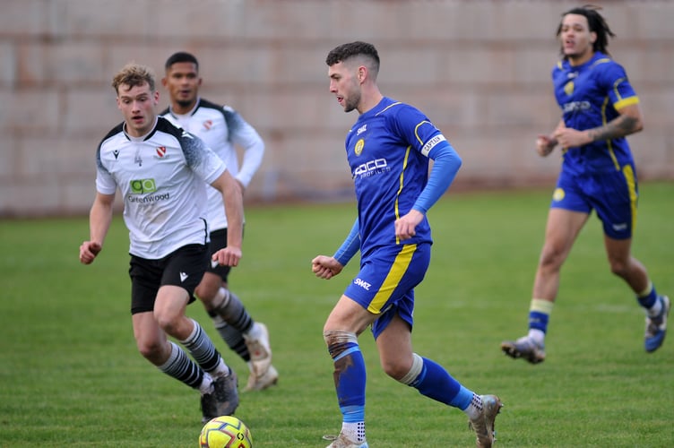Football. South West Peninsula League: Walter C Parson League Cup/ Teignmouth AFC versus Okehampton Agyle. Match went Argyle's way with a 5-4 win.