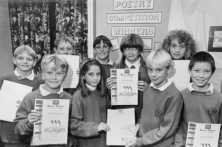 Poetry Please!  Pupils from Chudleigh Primary School who were all winners in a poetry writing competition from September 1995. At the back from left: James Freestone, Tim Howle, Tim Prouse, Kerry Mayers and Penny Smallshire. At the front: Sam Pounsberry, Clare Reed, Chris Dolman and Robert Palmer