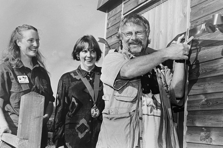 Former Goodie and renowned twitcher Bill Oddie was on hand to open the new bird hide at Dawlish Warren in September 1995. He is pictured here Warren wadren Keri Walsh and TDC chair Rhona Parker